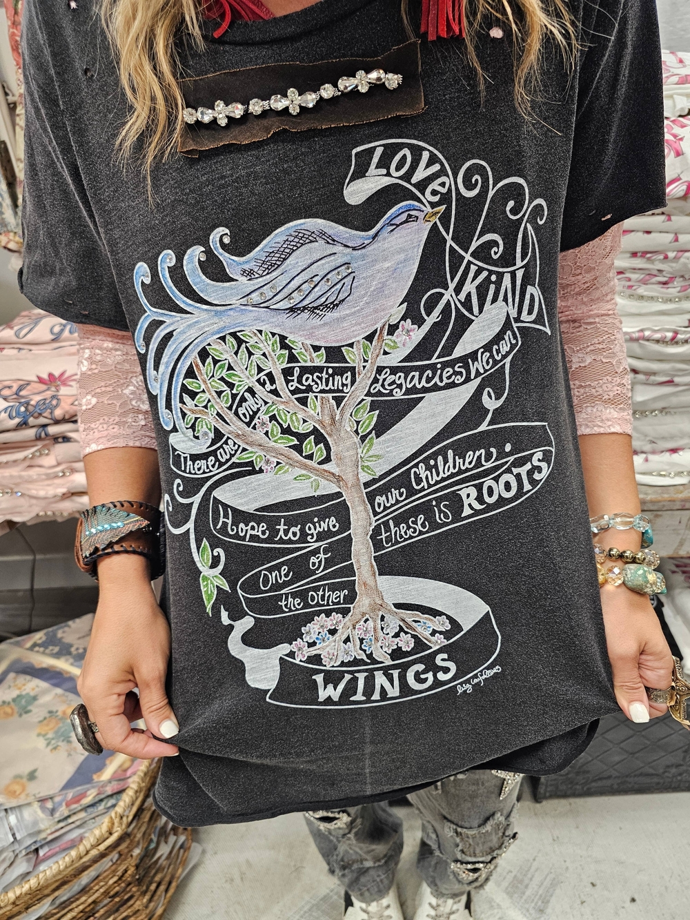 🔥BRAND NEW Roots And Wings Distressed Shirt, A Rare Bird, New Design, Quote - Picture 3 of 4